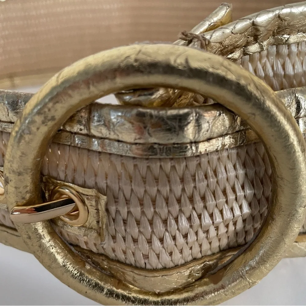 VTG: Genuine Snake Leather & Straw Wide Belt Metallic Gold/Natural Tan